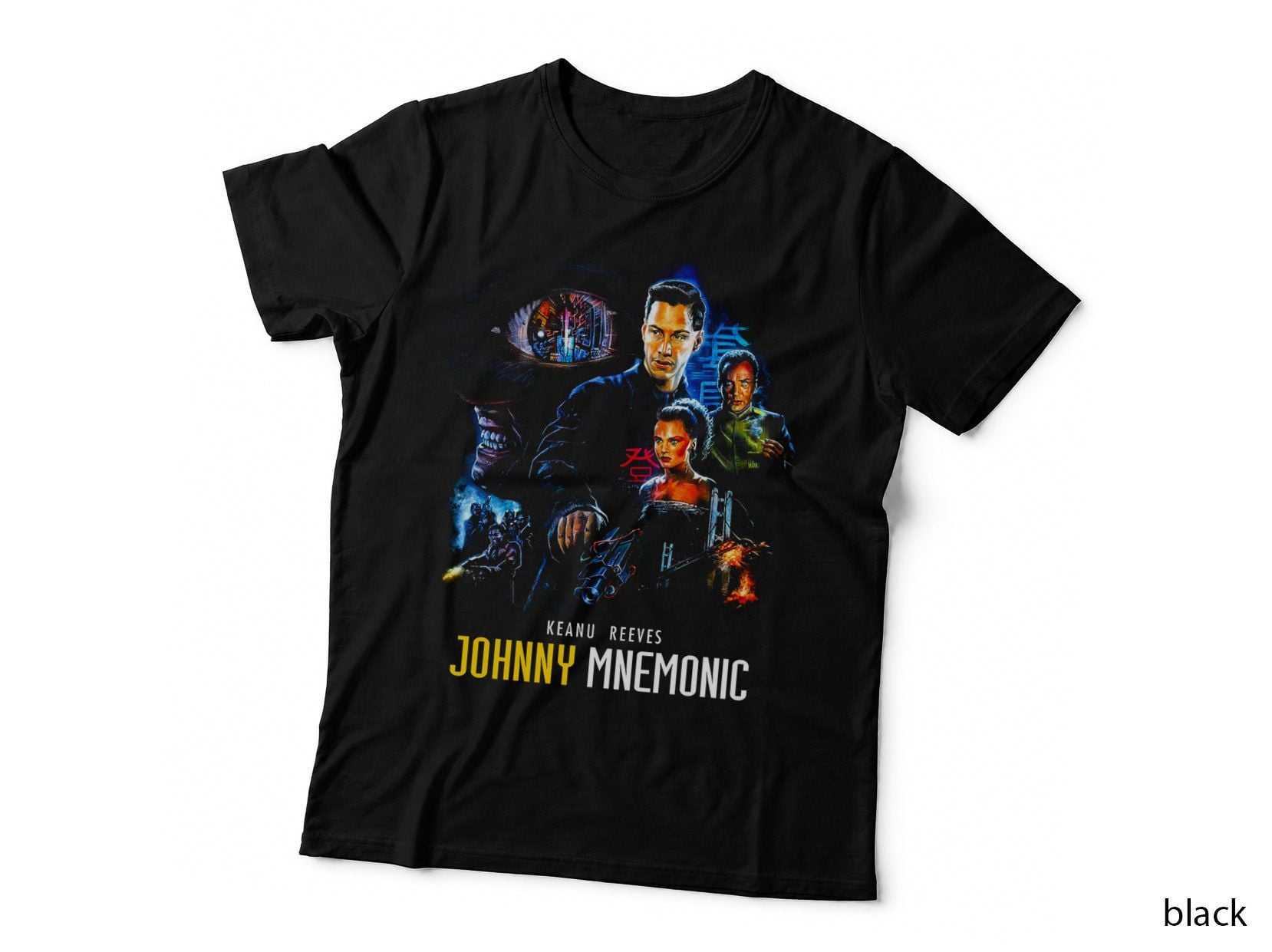 Johnny Mnemonic Keanu Reeves Sci-Fi Cyberpunk Blue Orange Faces 90s T-Shirt
