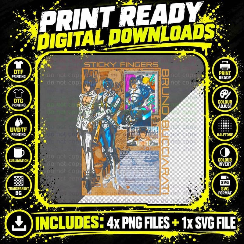 Jojo Bruno Bucciarati Sticky Fingers Orange Blue Png SVG Digital Bundle