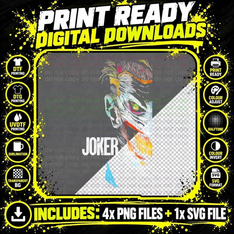 Joker Split Psychedelic Half White Colorful Clown Face Png SVG Digital Bundle