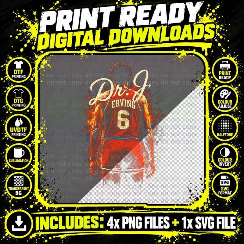 Julius Erving Dr. J 6 Red Fire Back View Jersey Gold Png SVG Digital Bundle
