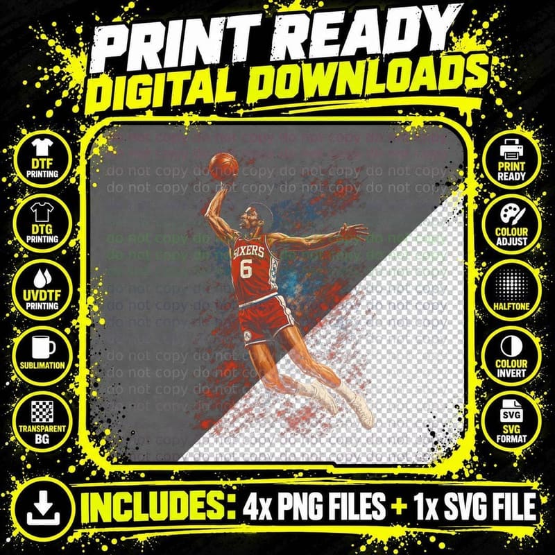 Julius Erving Sixers 6 Red Splatter Dunking Mid Air Png SVG Digital Bundle