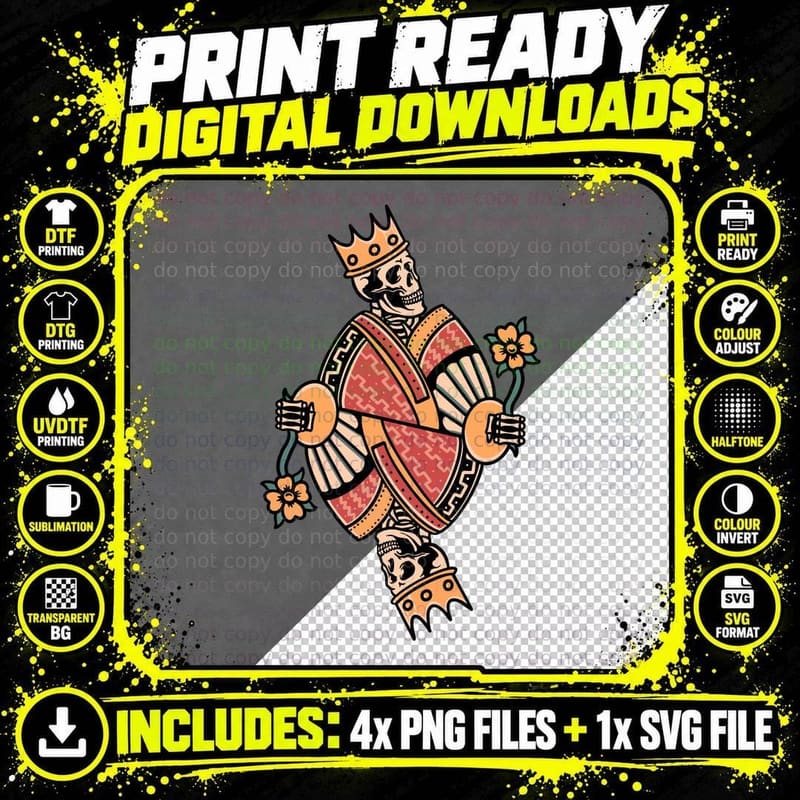 King Skull Card Playing Vintage T-Shirt Png SVG Digital Bundle