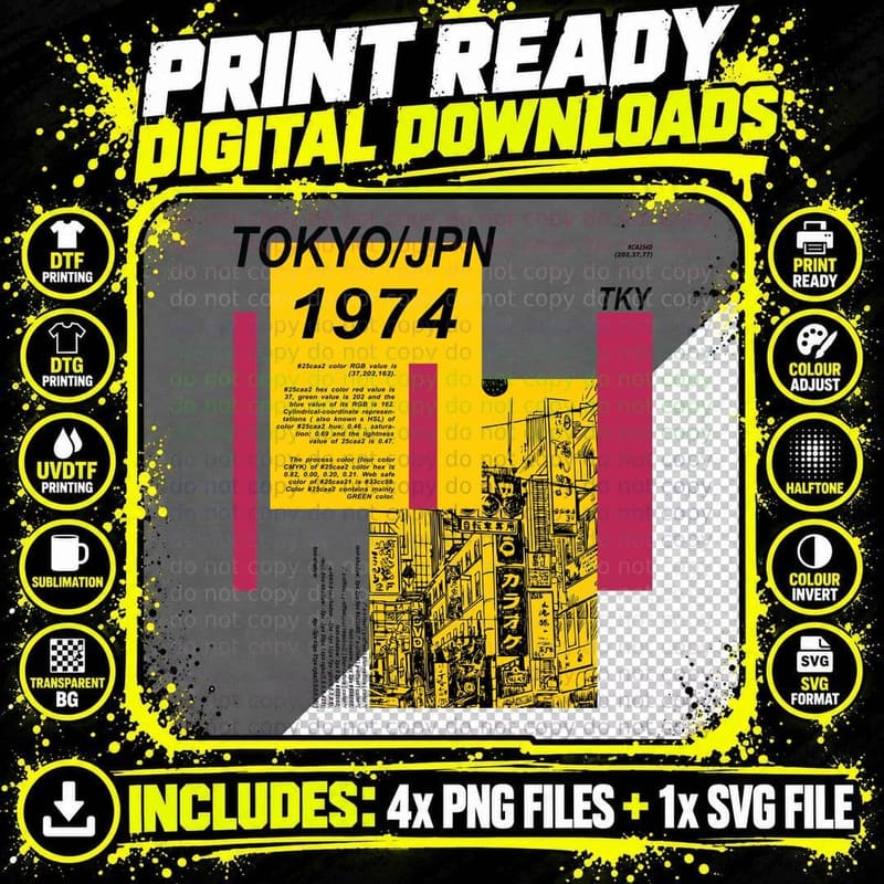 Kyo Jpn 1974 Scand Tokyo City Yellow Linework Retro Png SVG Digital Bundle