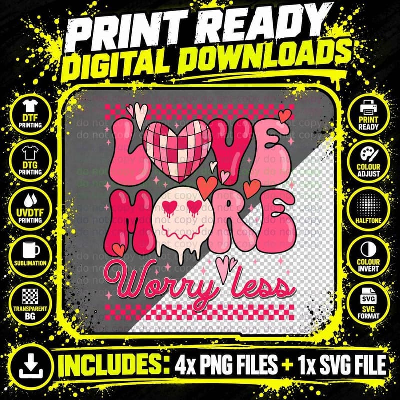 Large Love Heart Typography More Worry Less Retro Pink Png SVG Digital Bundle