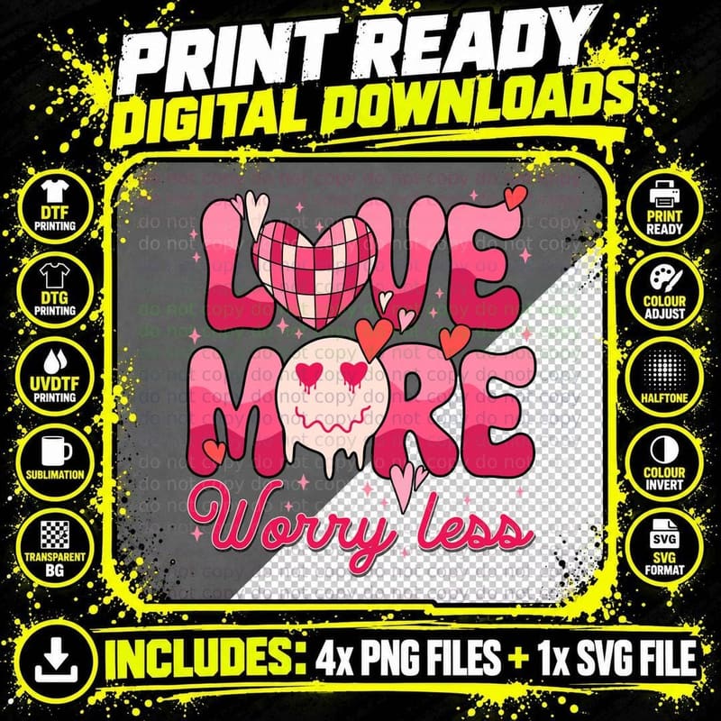 Large Love Heart Typography More Worry Less Retro Pink Png SVG Digital Bundle