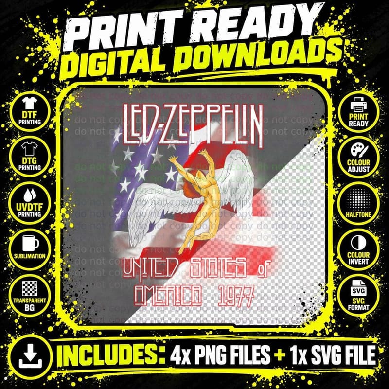 Led Zeppelin United States of America 1977 Angel Figure Png SVG Digital Bundle