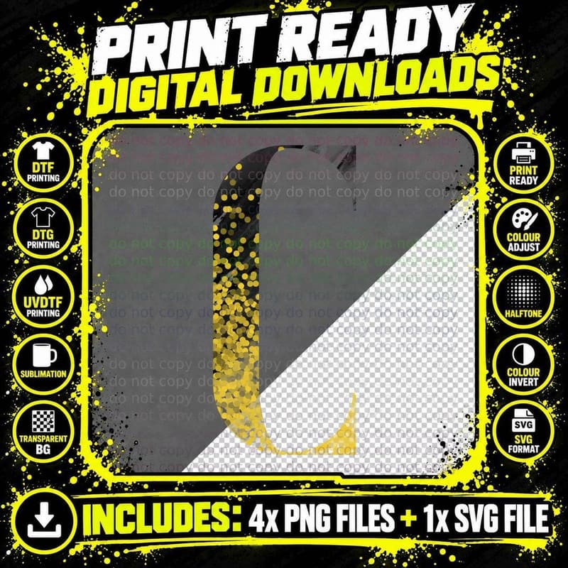 Letter C Halftone Dotted Yellow Black Distressed T-Shirt Png SVG Digital Bundle