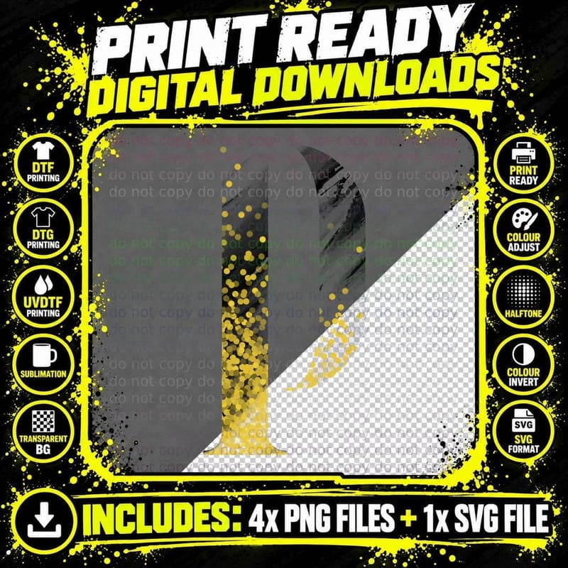 Letter D Halftone Dotted Yellow Black Distressed 02 Png SVG Digital Bundle