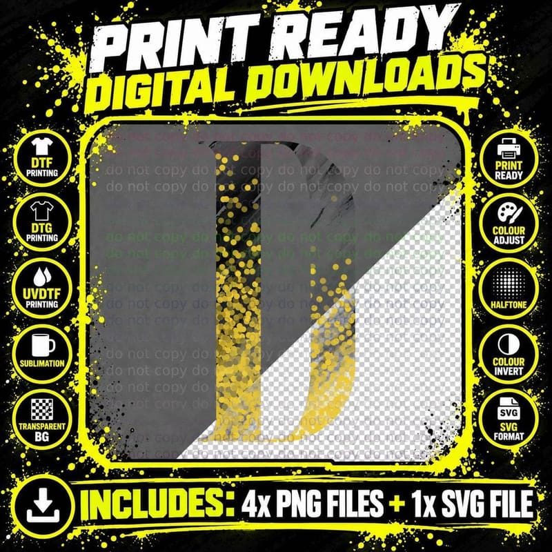 Letter D Halftone Dotted Yellow Black Distressed T-Shirt Png SVG Digital Bundle