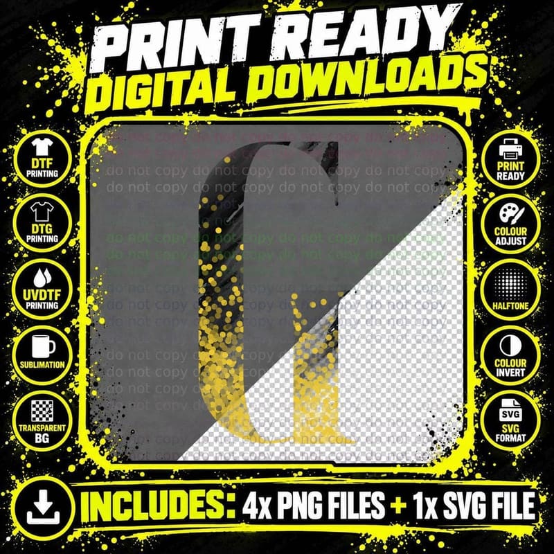 Letter G Halftone Dotted Yellow Black Distressed T-Shirt Png SVG Digital Bundle