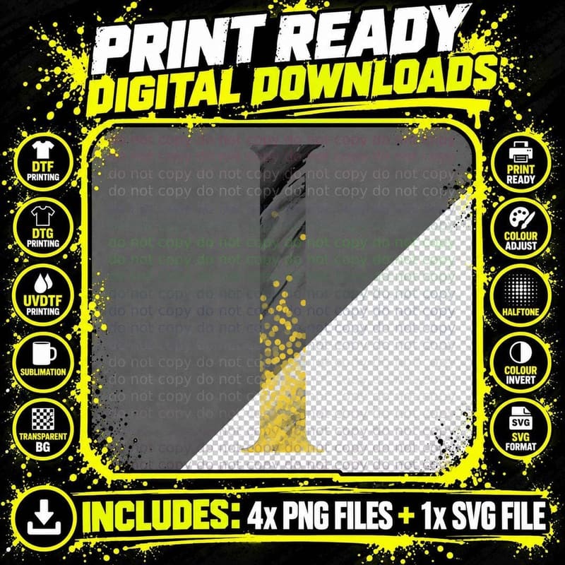 Letter I Halftone Dotted Yellow Black Distressed T-Shirt Png SVG Digital Bundle