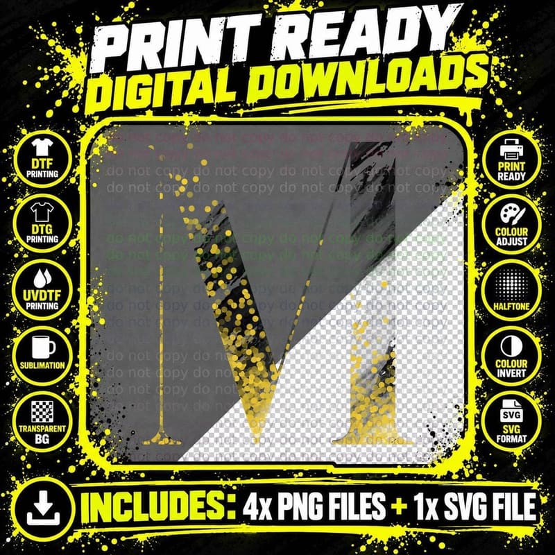 Letter V Halftone Dotted Yellow Black Distressed T-Shirt Png SVG Digital Bundle