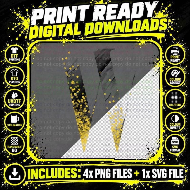 Letter W Halftone Dotted Yellow Black Distressed T-Shirt Png SVG Digital Bundle
