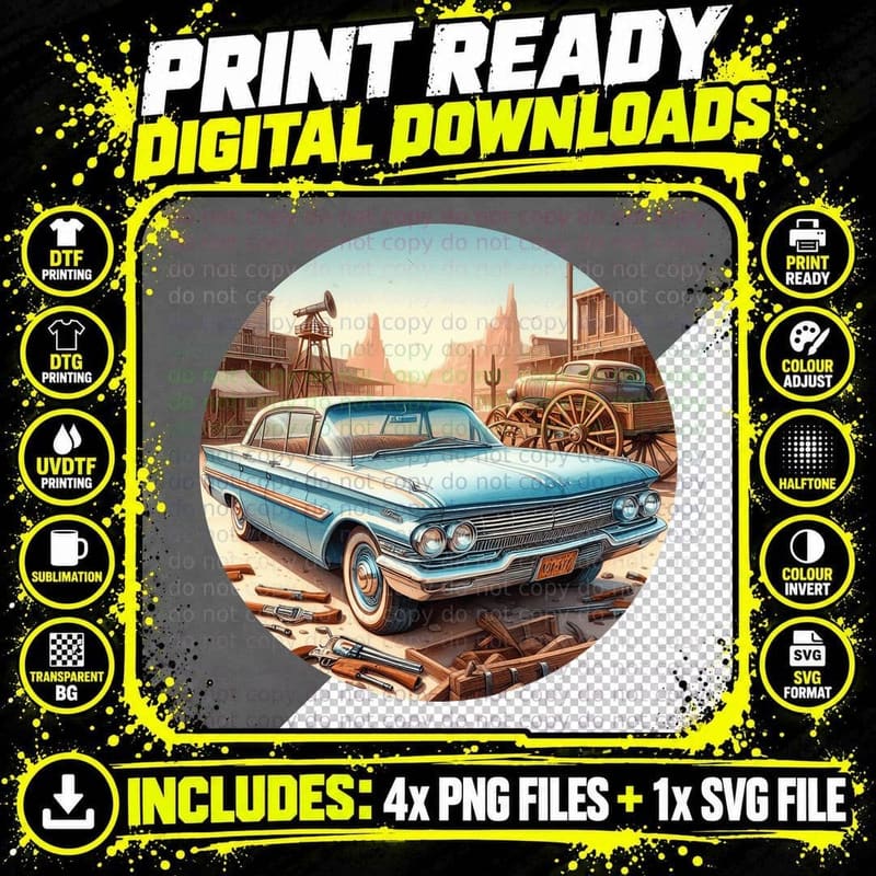 Light Blue Convertible Western Landscape Retro Vintage Png SVG Digital Bundle