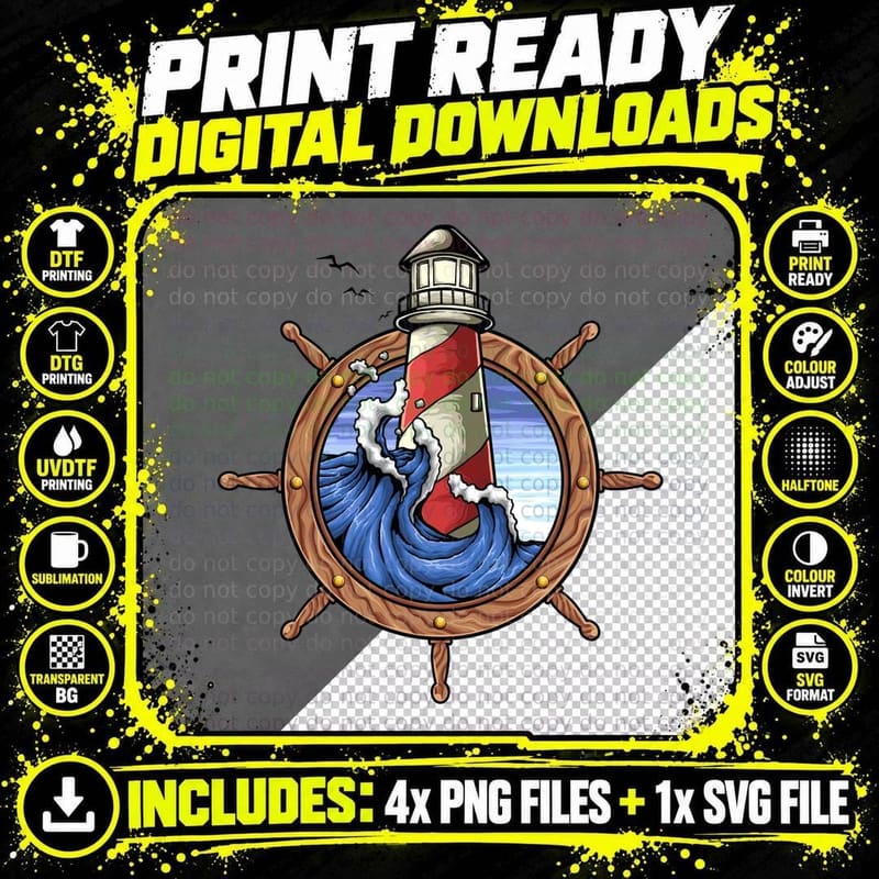 Lighthouse Wheel Nautical Ship Maritime Vintage T-Shirt Png SVG Digital Bundle