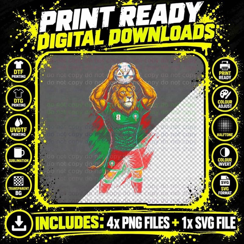Lion Footballer Mascot Distressed Splatter Green Red Png SVG Digital Bundle