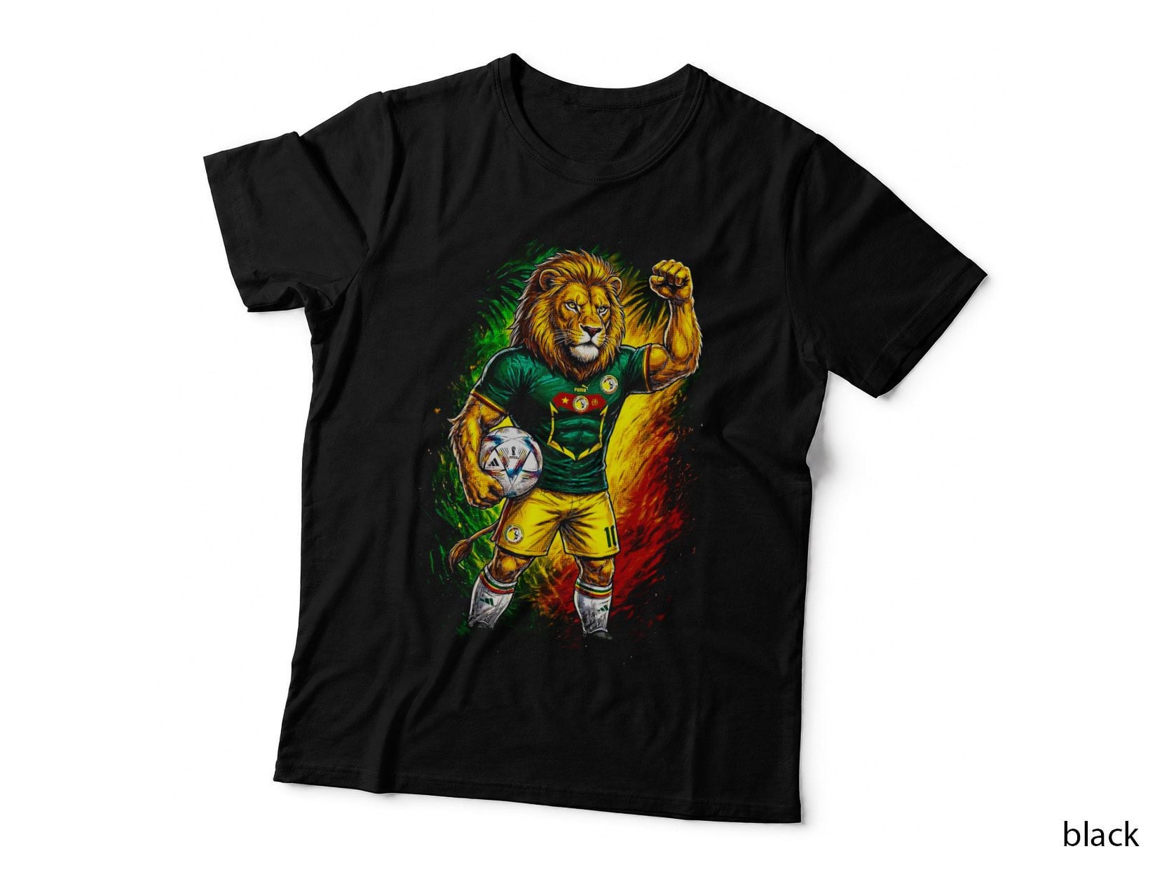 Lion Footballer Mascot Distressed Splatter Green Yellow Senegal Kit Fist T-Shirt