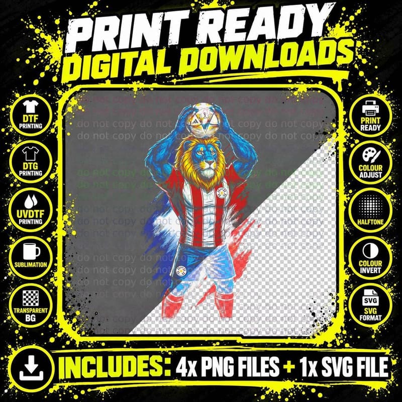 Lion Footballer Mascot Distressed Splatter Red White Png SVG Digital Bundle