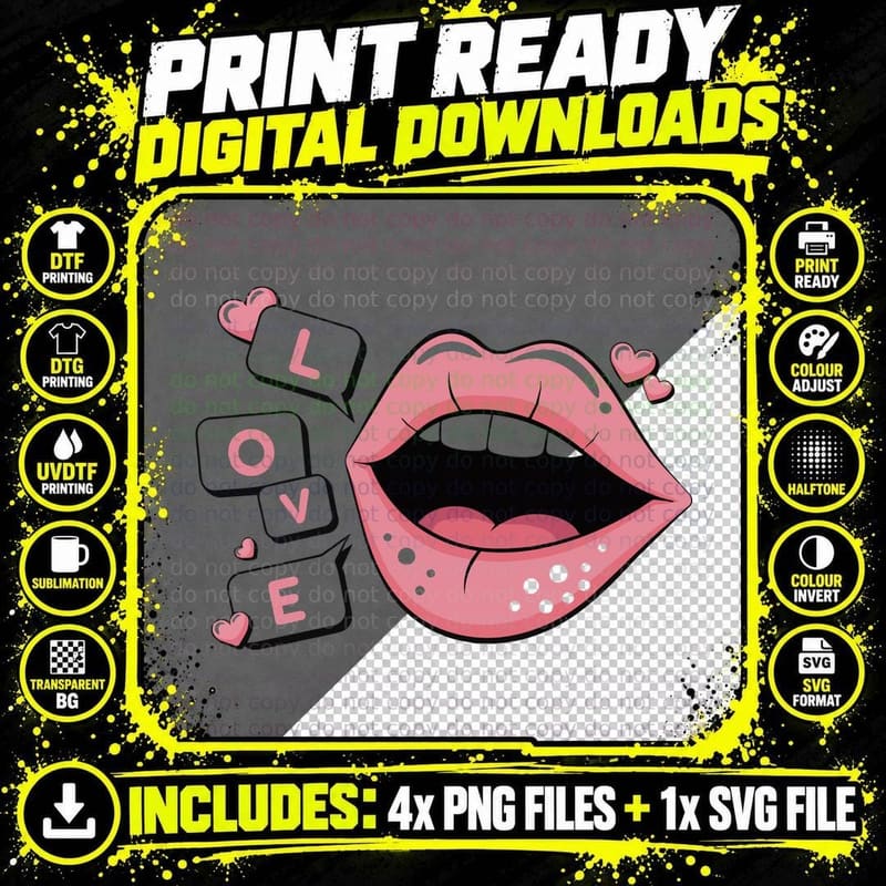 Lips Love Pink Keyboard Letters Hearts Retro T-Shirt Png SVG Digital Bundle