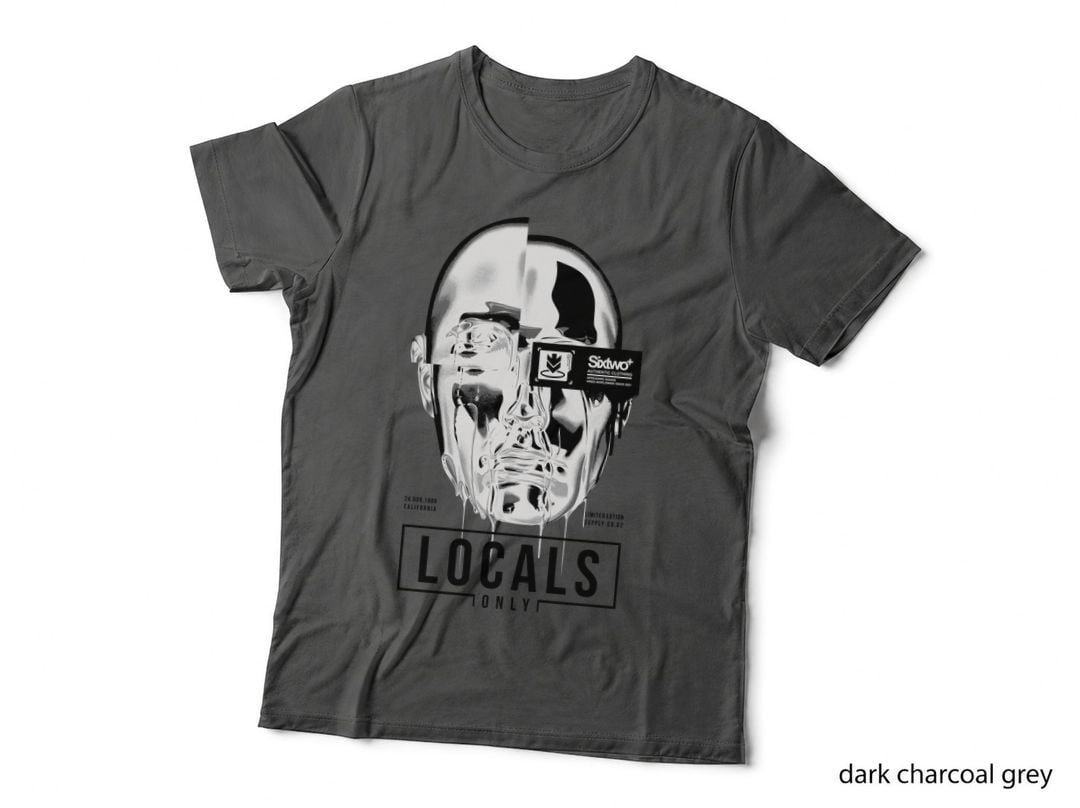 Locals Only Cyborg Robot Head Black White Minimalist Distressed T-Shirt
