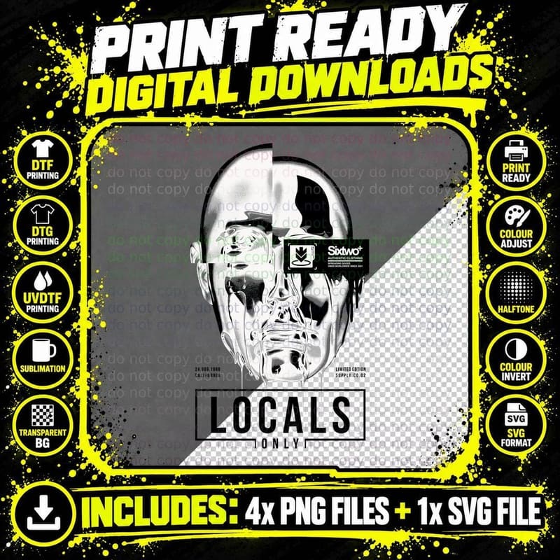 Locals Only Cyborg Robot Head Black White Minimalist Png SVG Digital Bundle