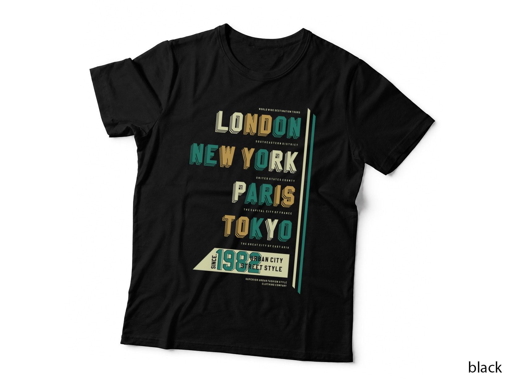 London New York Paris Tokyo 1984 Retro Vintage City Names Yellow Green T-Shirt
