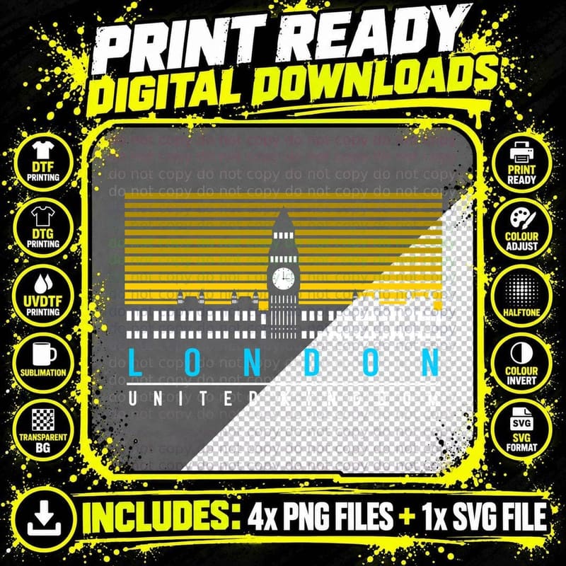 London Skyline United Kingdom Cityscape Big Ben Retro Png SVG Digital Bundle