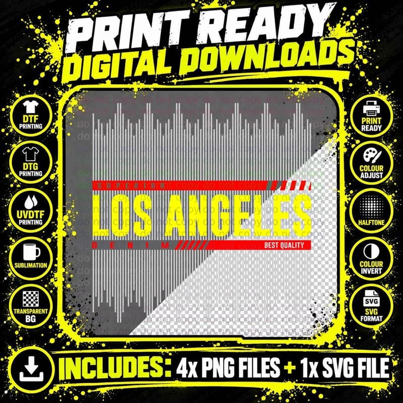 Los Angeles Distressed Striped Yellow White Text T-Shirt Png SVG Digital Bundle