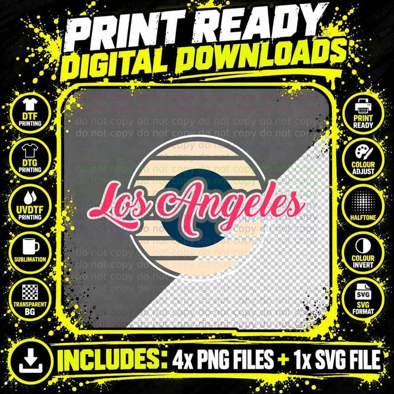 Los Angeles Pink Cursive Retro Circle T-Shirt Png SVG Digital Bundle