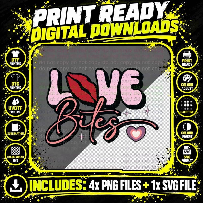 Love Bites Pink Text with Red Lips Kiss Graphic Retro Png SVG Digital Bundle