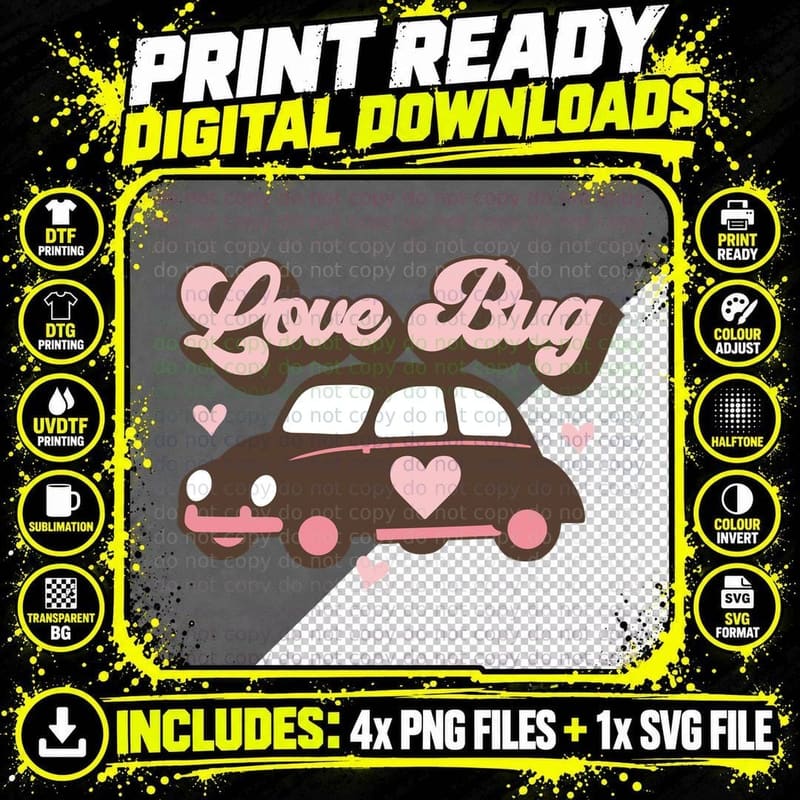 Love Bug Brown Car Pink Hearts Cartoon Playful Vintage Png SVG Digital Bundle