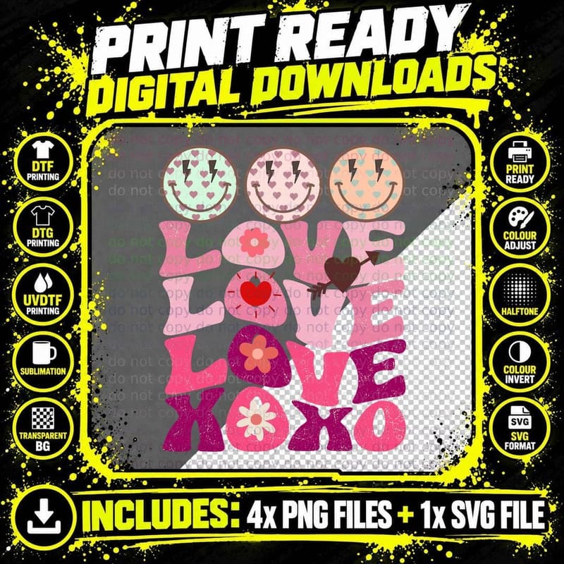 Love Flowers Retro XOXO Pink Smiling Cheerful Groovy Png SVG Digital Bundle
