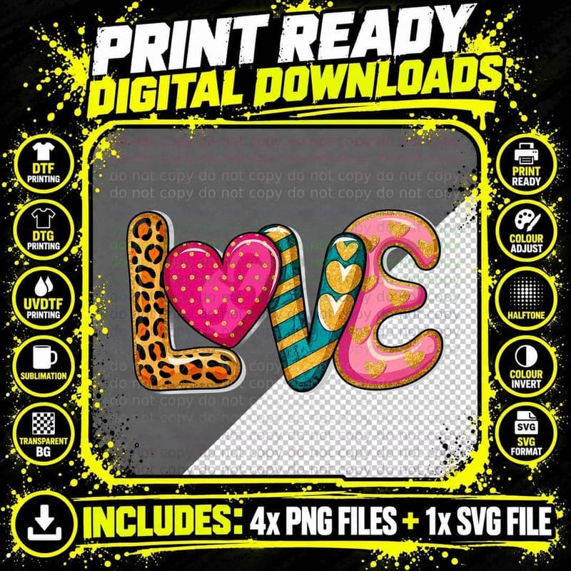Love Leopard Kiss Lips Distressed Letters Patterned Png SVG Digital Bundle