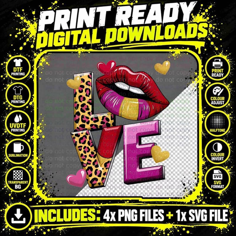 Love Leopard Kiss Lips Outline Letters Distressed T-Shirt Png SVG Digital Bundle