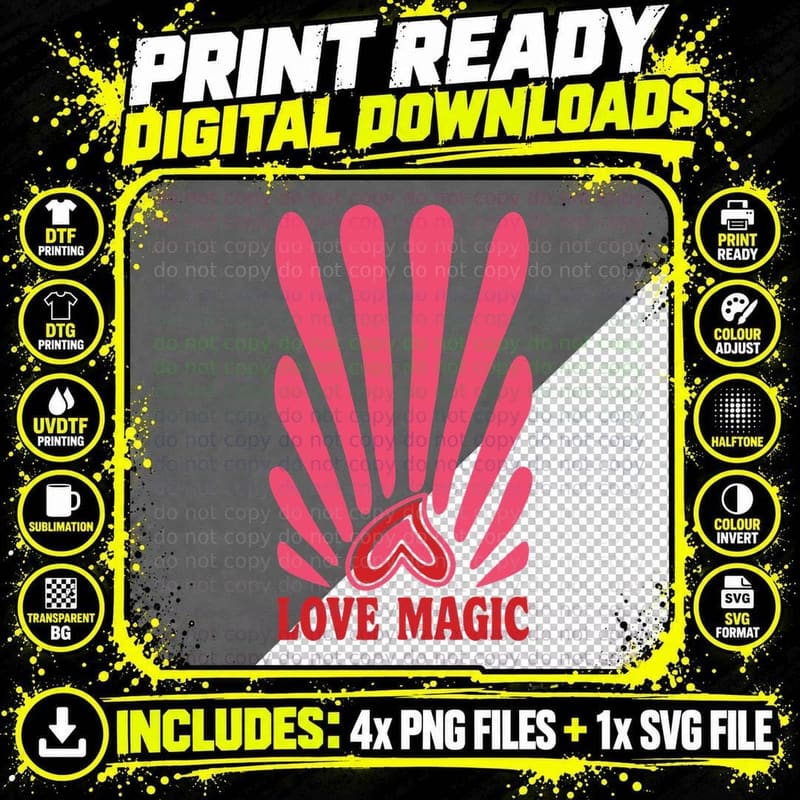 Love Magic Pink Rays Red Heart Retro Glowing T-Shirt Png SVG Digital Bundle