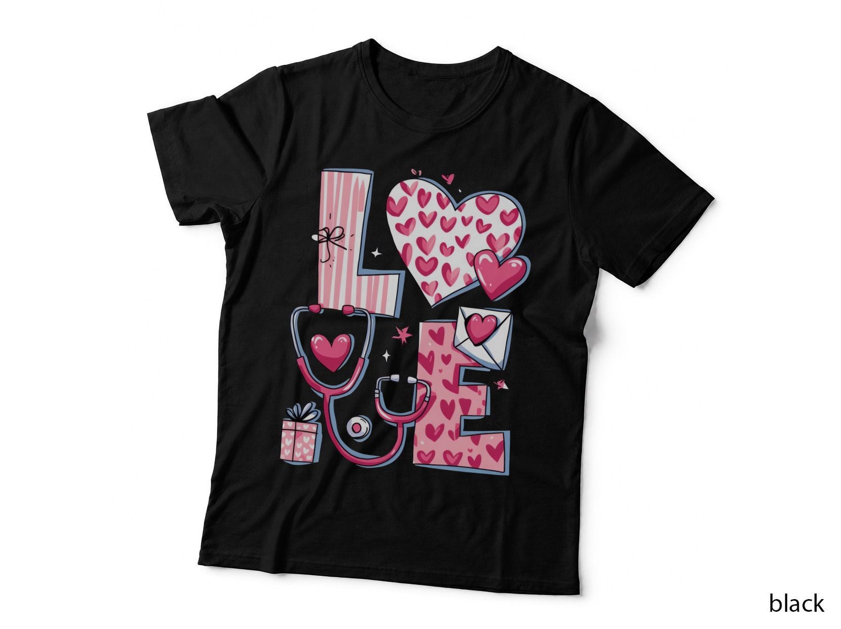 Love Message with Medical Elements Heart Stethoscope Letter Gift T-Shirt