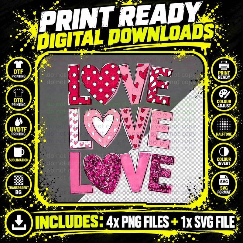 Love Patterned Layered Letters Triple Text Distressed Png SVG Digital Bundle