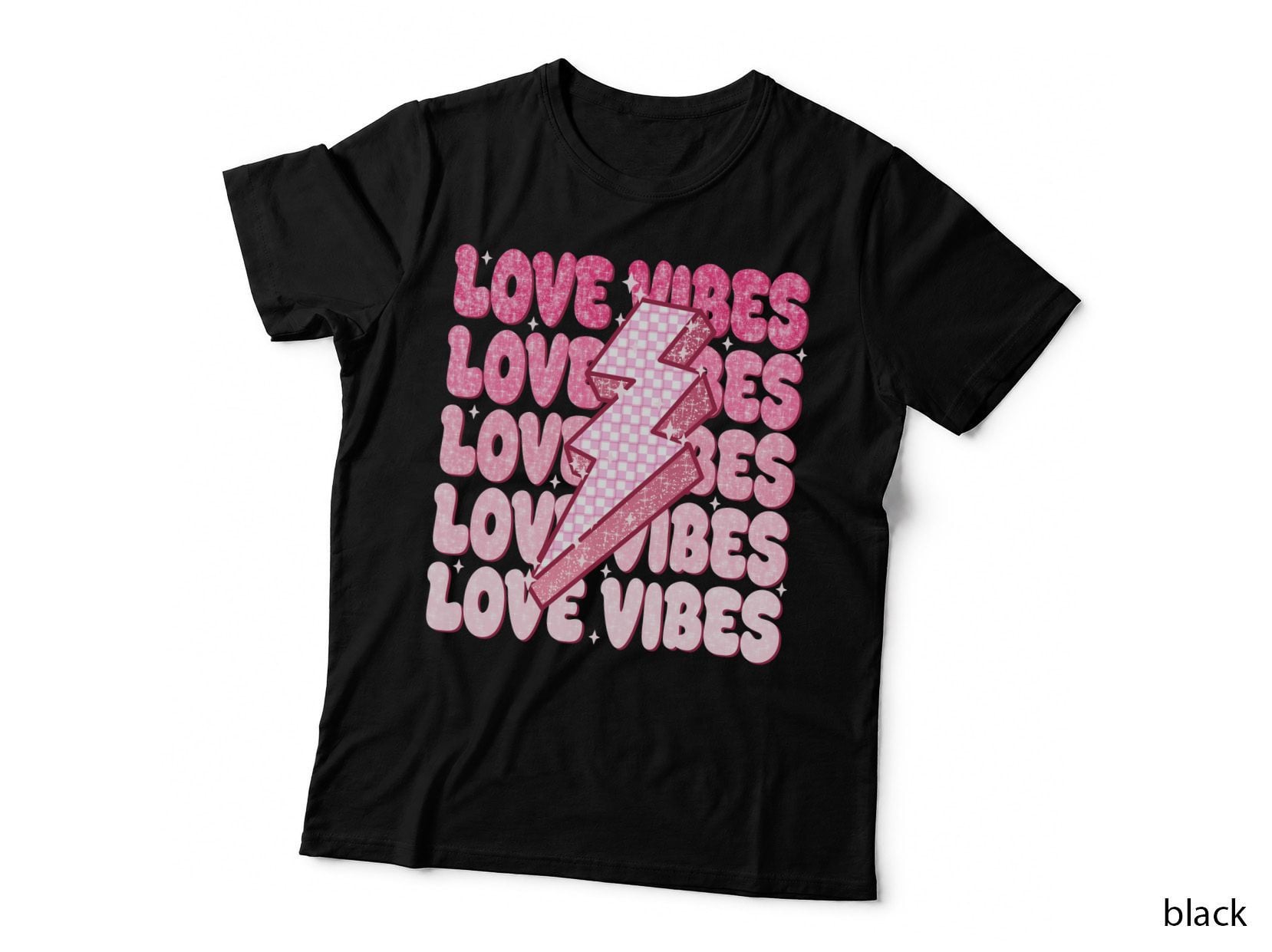 Love Vibes Typography Retro Pink Glitter Lightning Checkered T-Shirt