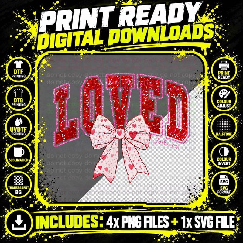 Loved Typography Is Who I Am Retro Glitter Bow Red Png SVG Digital Bundle