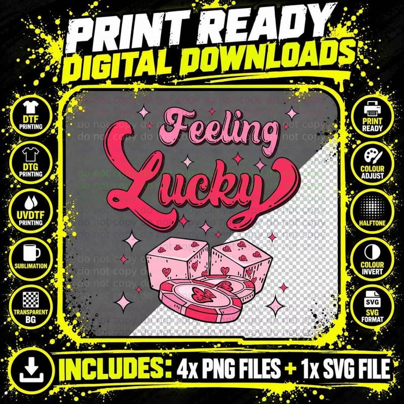 Lucky Dice Cards Feeling Retro Pink Red Card Game T-Shirt Png SVG Digital Bundle
