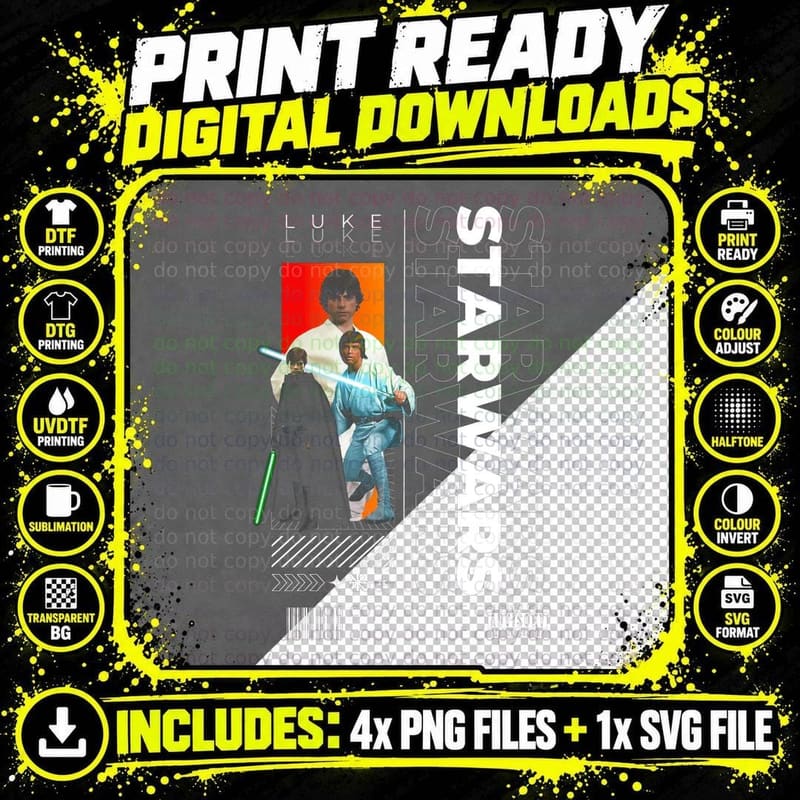 Luke Skywalker Blue Orange Character Classic Hero T-Shirt Png SVG Digital Bundle