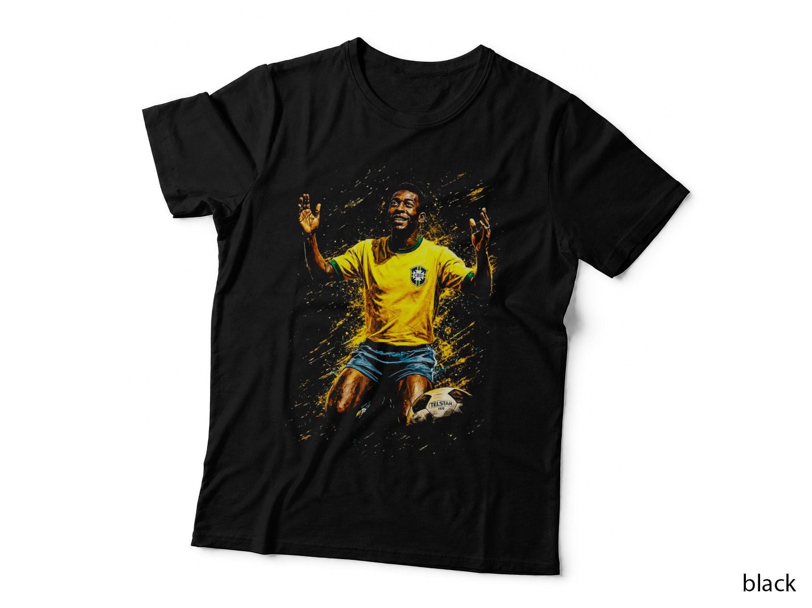 Male Footballer Celebrating Telstar Kneeling Arms Raised Yellow Kit T-Shirt