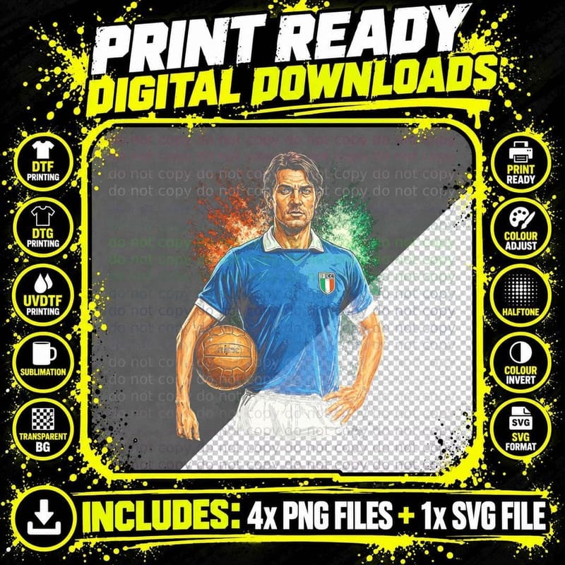 Male Footballer Figc Italy Blue Kit Crest Holding Gold Png SVG Digital Bundle