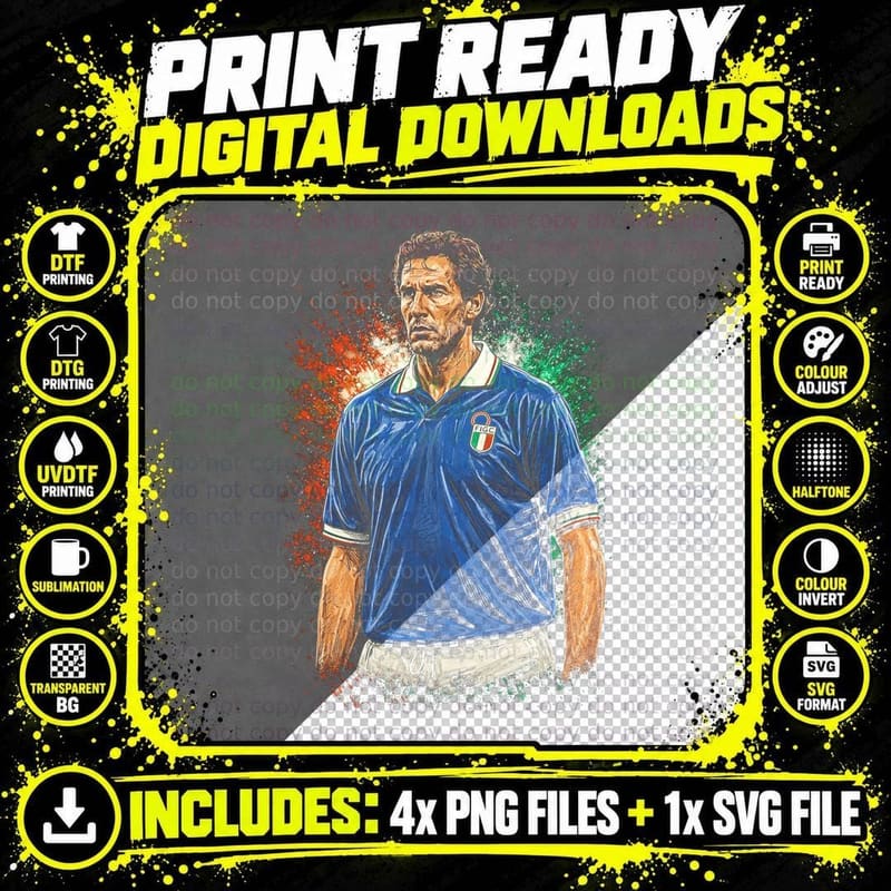 Male Footballer Figc Italy Retro Blue Kit Crest Standing Png SVG Digital Bundle
