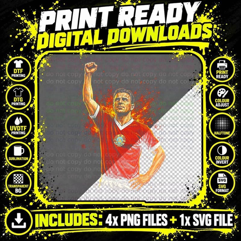 Male Footballer Fist Raised Red Jersey Round Gold Crest Png SVG Digital Bundle