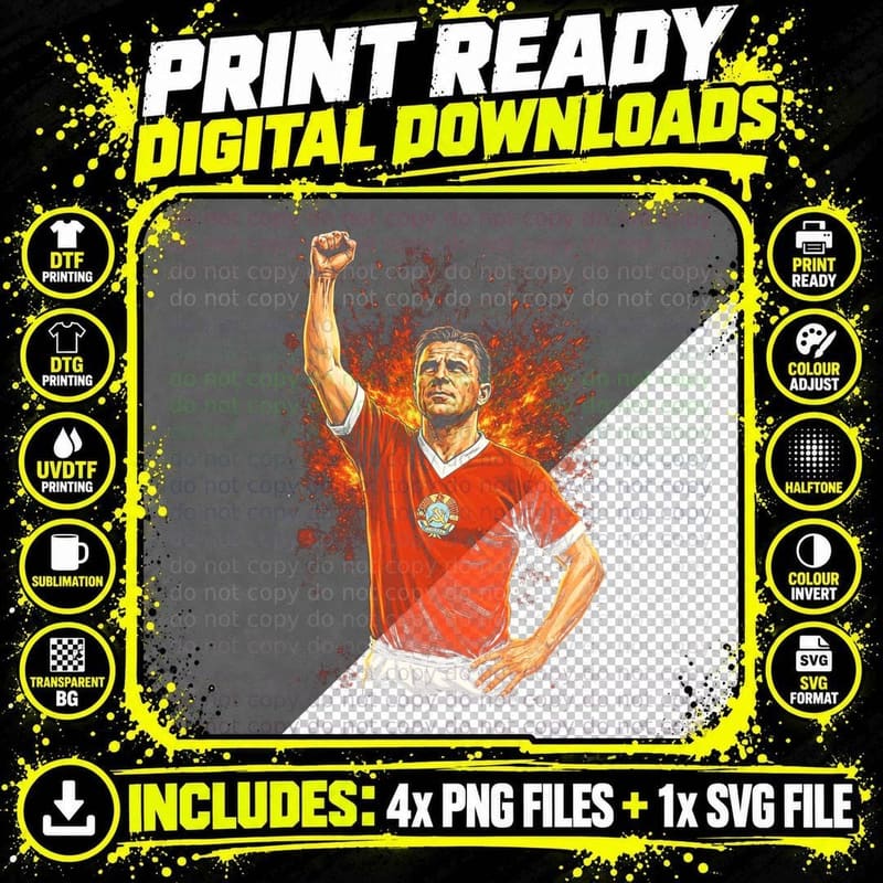 Male Footballer Fist Raised Red Vintage Kit with Crest Png SVG Digital Bundle