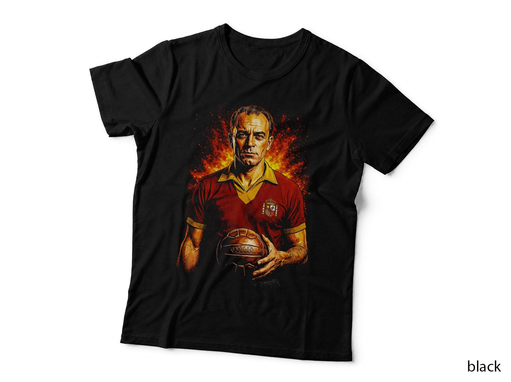 Male Footballer Holding Ball Vintage Leather Red Kit Crown Shield Crest T-Shirt