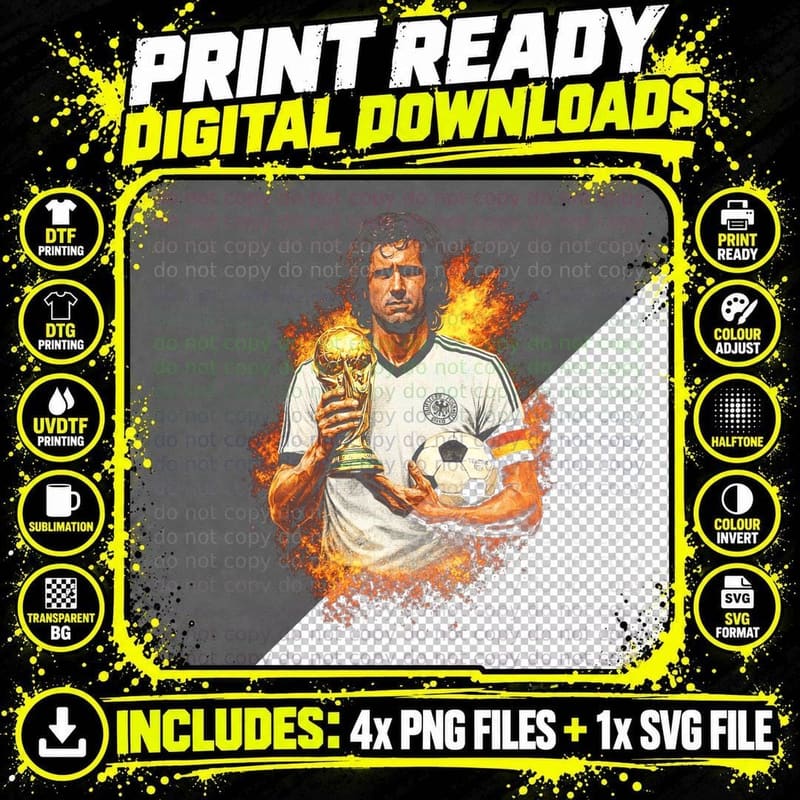 Male Footballer Holding Trophy and Ball Telstar 1974 Png SVG Digital Bundle