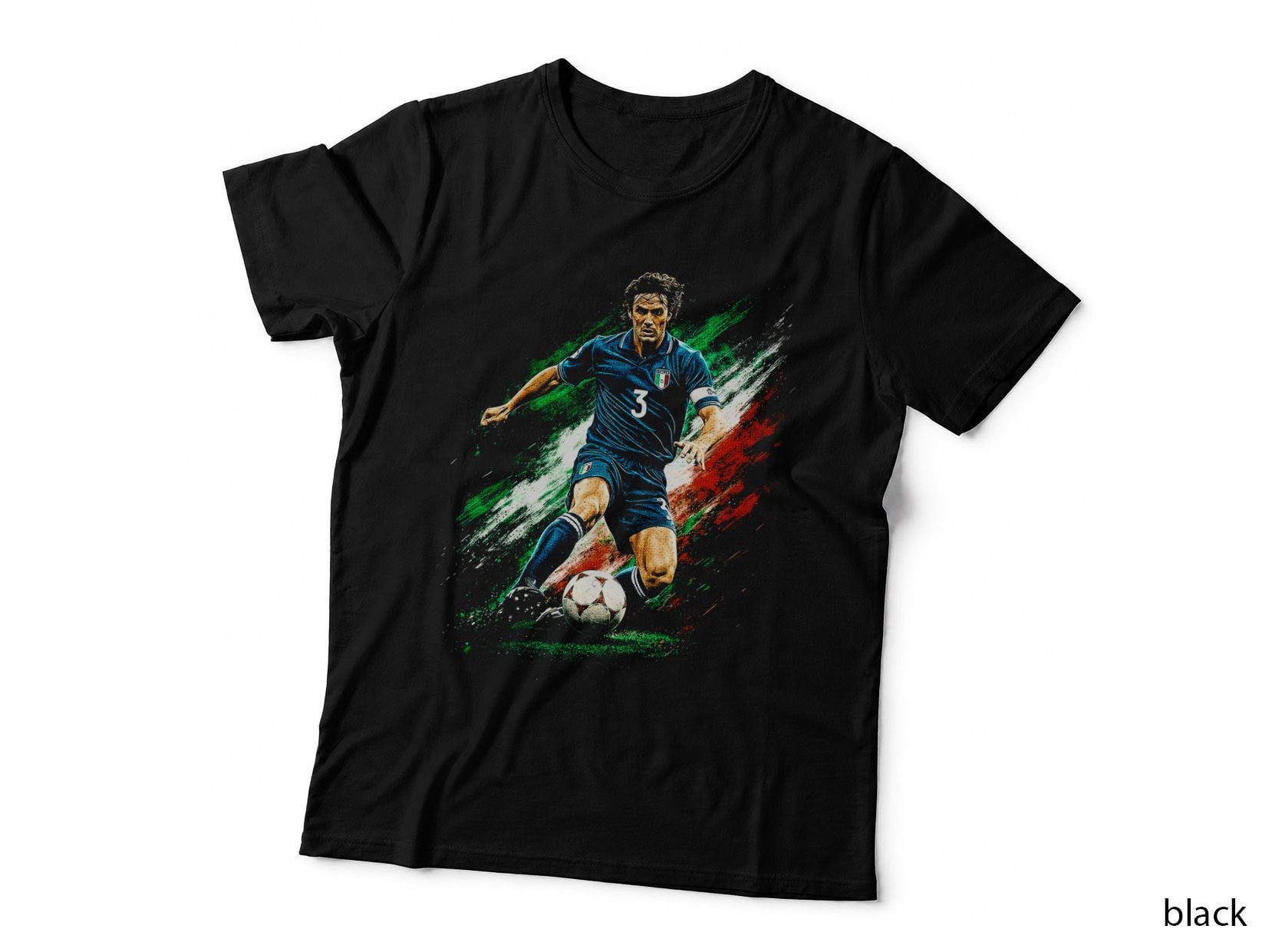 Male Footballer Kicking Ball Italia 3 Blue Italy Kit Green White Red T-Shirt