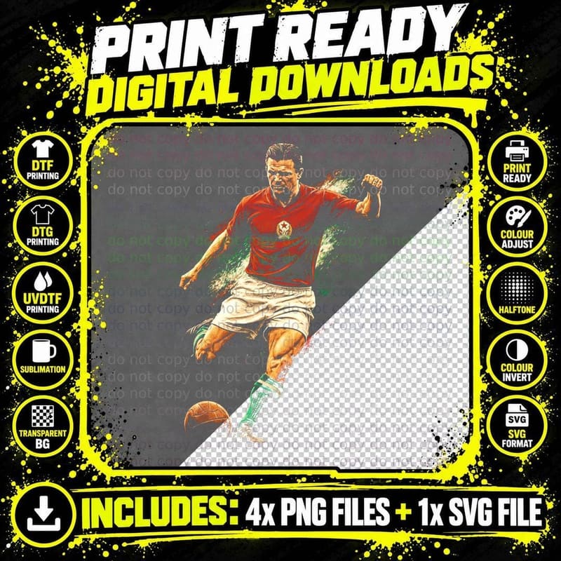 Male Footballer Kicking Ball Red Kit White Shorts Green Png SVG Digital Bundle